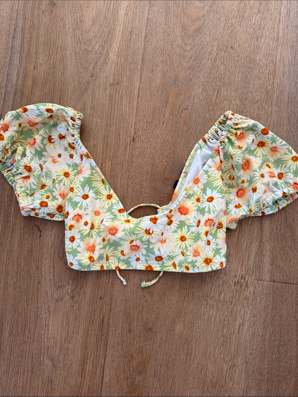 Floral Puff Sleeve Crop Top - Green & Orange Daisy Print